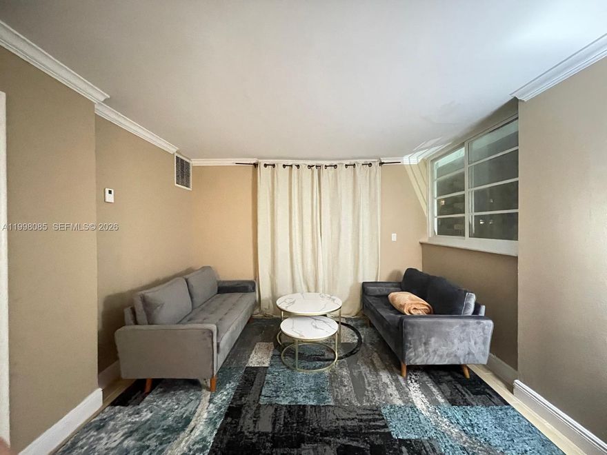 Very Large corner unit almost 1000SF, located 1 block from the beach, Lincoln Road and the convention center. Completely remodeled with new floors, new kitchen, new appliances, new bathroom. High impact windows, new balconies and exercise room are some of the recent upgrades in the building . There is a Laundry room on every floor and a covered parking garage. One year lease, no pets.