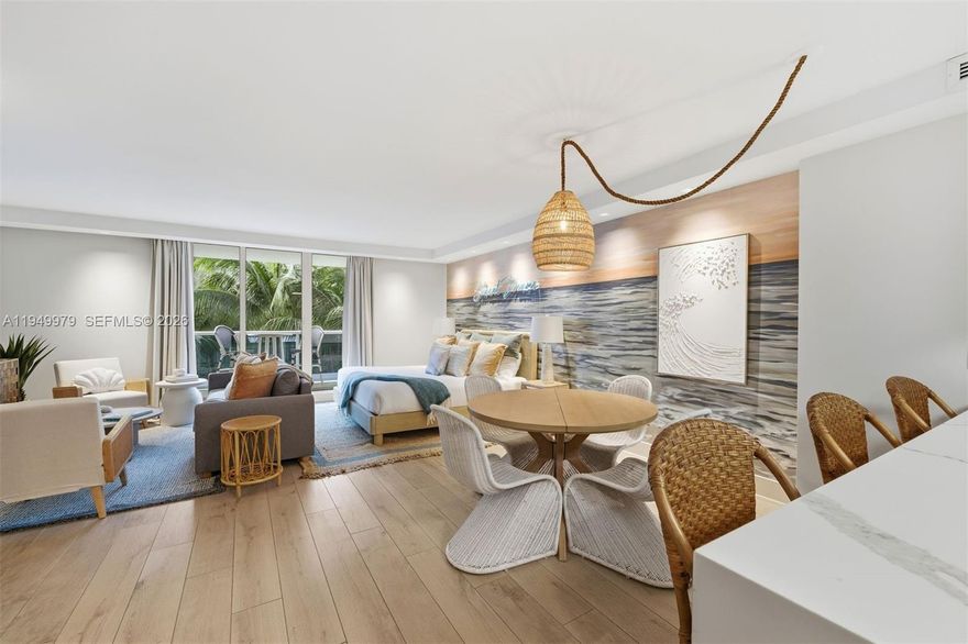 One of the best values in the building and a rare opportunity to own a fully renovated residence with a private balcony connected to the iconic 1 Hotel South Beach. Perfect for investors, second-home buyers, or anyone seeking a luxury beachfront lifestyle with income potential. This turnkey residence is ready for immediate enjoyment and short-term rental income. No updates needed and all assessments are paid. The unit features high-end finishes throughout, Samsung appliances, temperature-controlled rain shower, smart thermostat, linear AC diffusers, recessed lighting, and a private balcony for fresh ocean air and indoor-outdoor living. Studios with balconies are rare, with the only west-facing layouts being the coveted 29 and 30 lines.
Owners enjoy full access and exclusive resident discounts to the 1 Hotel’s five-star amenities, including four resort-style pools and cabanas, rooftop oasis, private beach club, beach umbrella and towel service, Anatomy Fitness, Bamford Wellness Spa, and multiple award-winning restaurants and bars. HOA includes AC, water, cable, WiFi, concierge, 1 assigned Valet parking space, & additional valet. Attn investors: unit 1429 also available to purchase as a package deal.