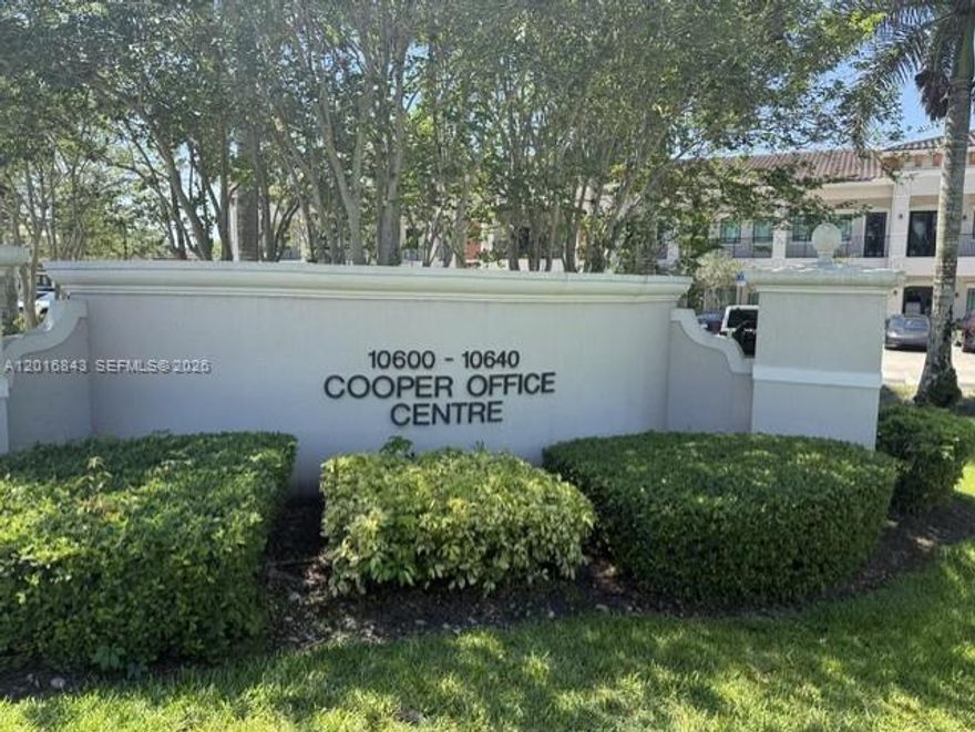 Rarely available ground floor office condo in the highly desirable Cooper Office Centre in the heart of Cooper City. Approx 943 SF (per tax roll) open floor plan (4 desks&chairs), kitchen/breakroom, nice size restroom, reception area and conference area. Unit also boasts front AND back doors, tile flooring, newer A/C, ceiling fans and alarm system.  The complex has a newer roof, impact windows and is exceptionally well maintained. Excellent location with easy access to all major highways and is close to many restaurants. Ideal for professional services. NO medical use.