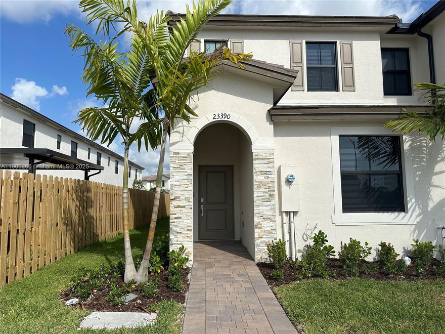 Brand new construction exquisite corner villar in Cutler Bay Area. Brightly lit unit, 3 bedrooms (1 bedroom & full bathroom on the first floor). Each room has walk-in closet and private bathroom with natural light and full accessories. Modern kitchen with stainless steel appliances and granite countertops. Ceramic first floor. Storage under stairs. Impact Windows. Zebra curtains all windows.Functional lamps .An upstairs washer (4.5CuFt) and dryer(7.4CuFt) with large capacity,electric water heater, Bluetooth activated locks and Ring!. Spacious backyard with pavers. No side neighbors. 2  parking spots front to unit.The property is located near Mall, supermarkets, restaurants and shopping centers.Close to US1 and Turnpike.Great oportunity.The property will be delivered clean and grass cut.