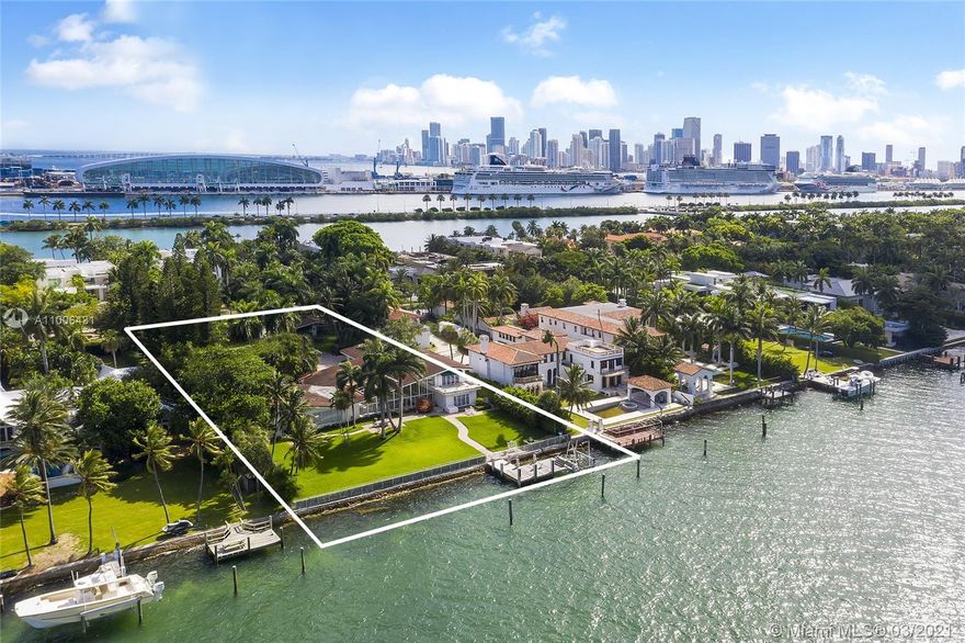 A rare opportunity on the Estate section of guard-gated Palm Island with 150’ linear wide Biscayne Bay waterfront. The unique 45,000 SF waterfront property ready to build up to 22,500 SF home, with plenty of privacy. Existing dockage capable of accommodating large vessels. A true gem waiting to be rediscovered, with hard to find lighted Tennis Court & separate Guest House. Views facing North towards Star Island & Miami Beach. Enjoy all of Palm Island's amenities including tennis & basketball courts, playground and 24 hour police security, centrally located with easy access to all of Greater Miami’s main attractions. Owner willing to Develop & deliver a finished new construction home for an asking price of $34M.