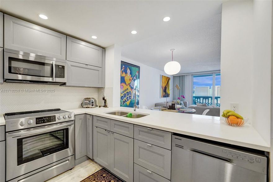 Welcome to this bright and spacious one-bedroom retreat in the well-maintained 55+ community of Meadowbrook. This inviting home features new marble floors, an open kitchen with quartz countertops, stainless steel appliances, and a pantry with a lazy Susan. Natural light fills the space through floor to ceiling impact sliding doors, leading to a double balcony perfect for relaxing or entertaining. The updated bathroom boasts travertine tile, an glass-enclosed shower, and an extra linen closet. Enjoy the convenience of same floor storage unit and laundry facilities. The building is well-cared for, with updated plumbing, a new 2024 roof, completed concrete restoration, and has passed its 50 year inspection. NO pending assessments!