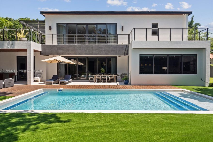 Step inside this elegant Coconut Grove residence offering 4 bedrooms, 5.5 baths, a private office, and 4,803 SF of refined living. Nestled on a 12,408 SF gated lot, this 2016 modern home showcases high ceilings, rich wood and ceramic floors, and abundant natural light. The sleek chef’s kitchen with a large island flows into spacious living and family rooms with tranquil views of the pool and lush garden. Perfect for entertaining, the home features a covered terrace, summer kitchen, and beautifully landscaped backyard. Includes a convenient carport.