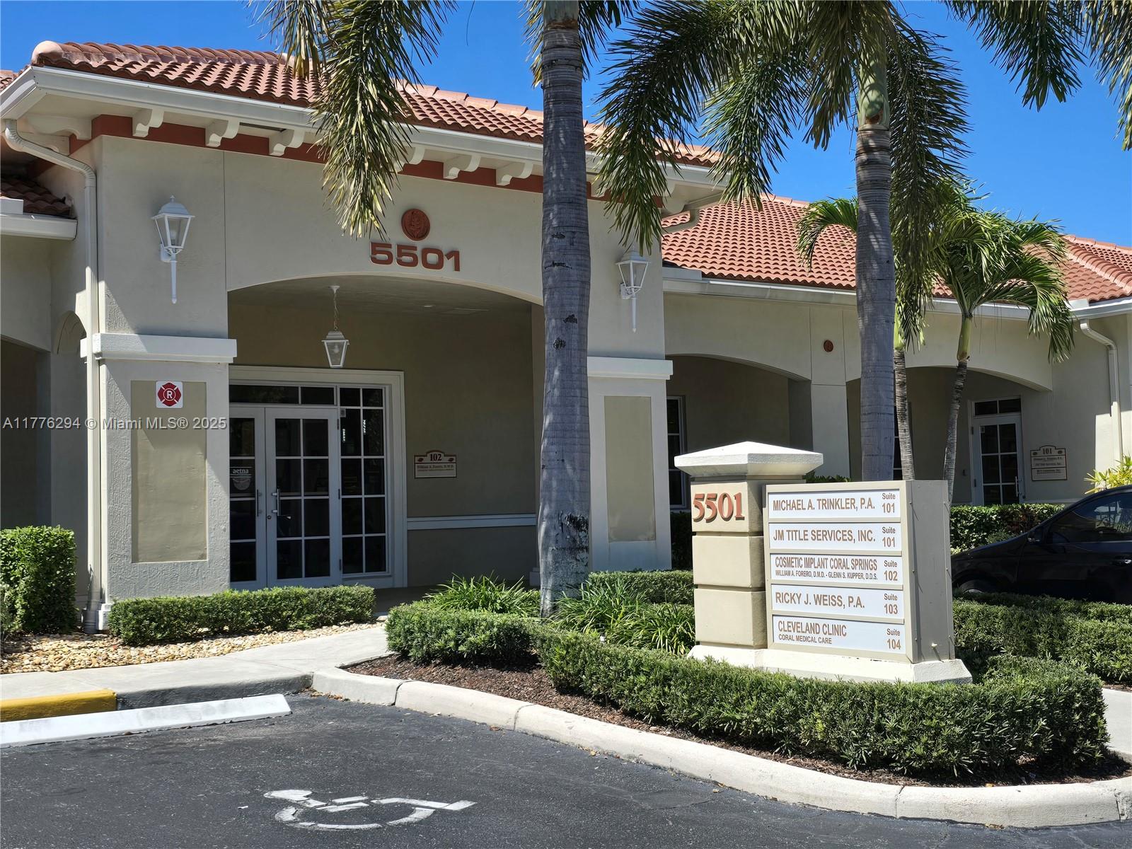 FOR SALE in Coral Springs Professional Campus! This highly sought after unit is on the first floor, making it easily accessible for employees and clients alike. Current floor plan is included in the photos! Layout consists of 4 private offices, 4 work stations, 1 reception area, and 1 restroom. Surrounding businesses are professional services ranging from attorney offices and title companies to medical and health care. Amazing opportunity!