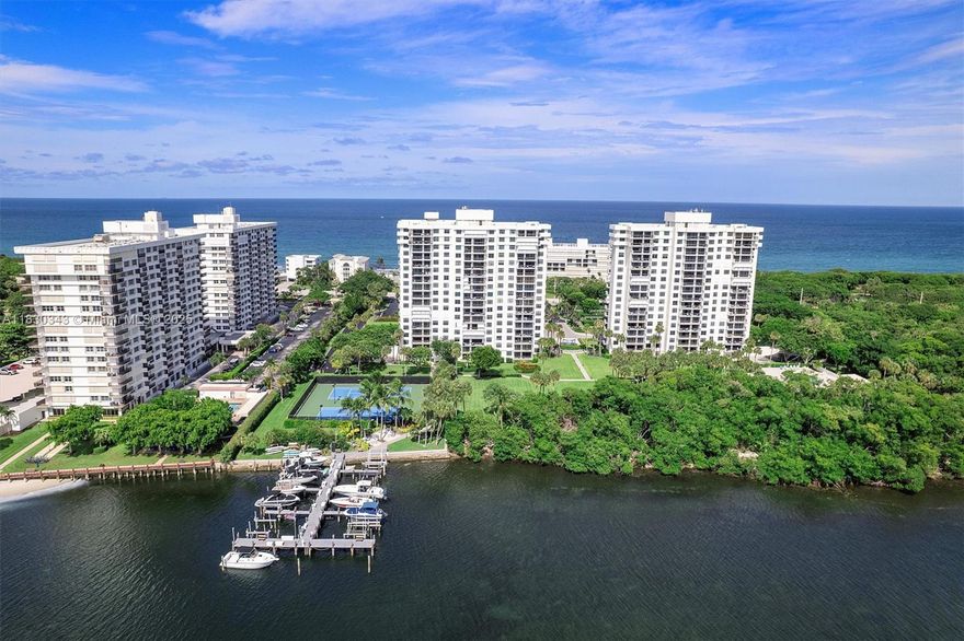 Stunning corner unit with ocean & Intracoastal views! Enjoy sunrises/sunsets from dual balconies. Features updated kitchen with quartz counters, renovated baths, impact windows, motorized shades, custom walk-in closet, tile & laminate floors. Resort-style amenities: pool, gym, dock and tennis. 40-year milestone complete. Luxury coastal living at its best!