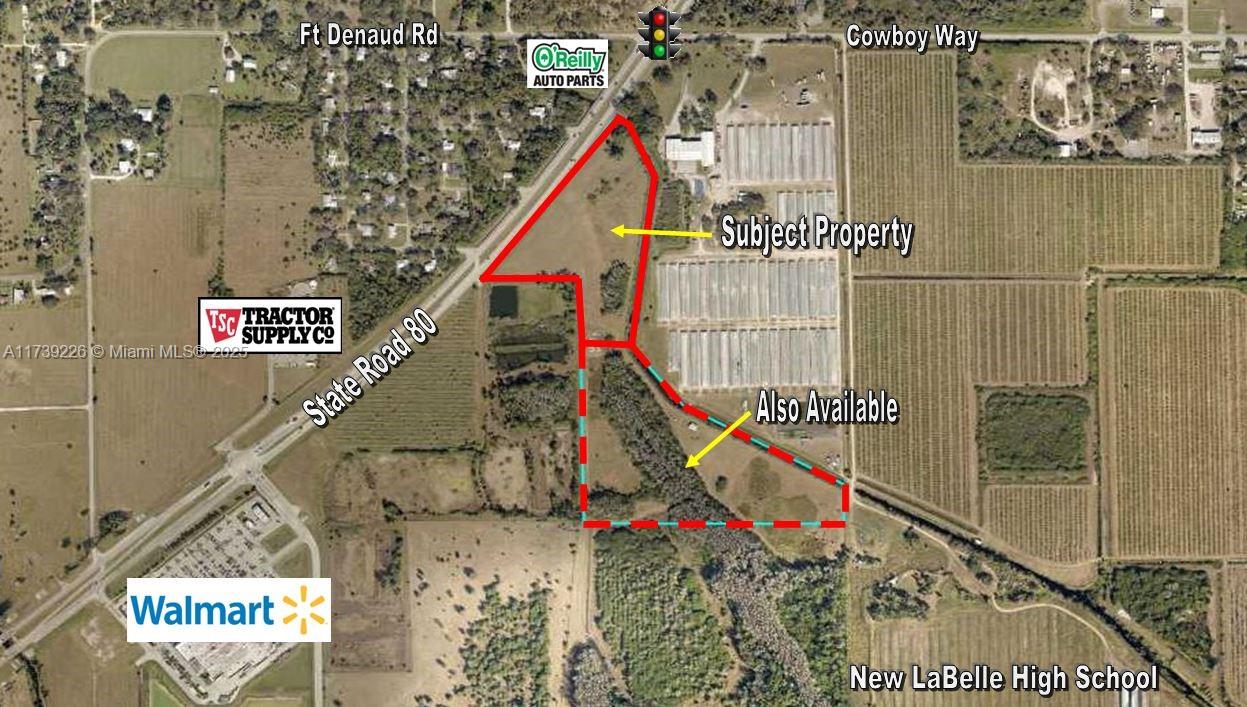 EXPLOSIVE GROWTH LABELLE W SR 80 CORRIDOR FRONTAGE LOCATED IN BETWEEN WALMART AND O’REILLY AUTO PARTS STORE. 12+/- acres with approximately 1,100+/- feet of frontage. Seller may split this property into retail/professional space/medical sites on W SR 80. Property currently zoned Agricultural for low taxes (2024 taxes were $95.55) with that use continuing even after annexation until development takes place (if pasture use continues). Seller will work with new Buyer on obtaining a Planned Unit Development. This property can be annexed into the City of LaBelle for access to utilities for your project. This property is only 30 minutes from downtown Fort Myers and 18 miles from I-75; 2+/- hours from Miami; 3+/- hours from Orlando.