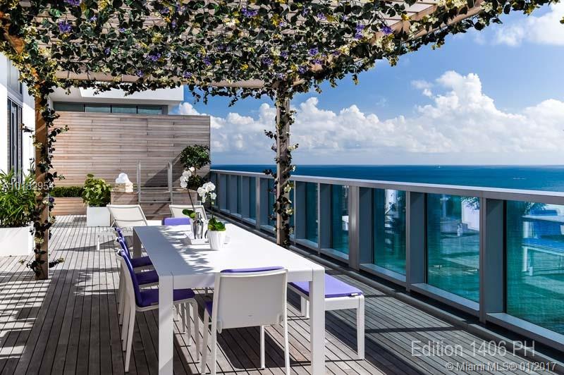 This exclusive waterfront penthouse features two-stories of ocean and bay views from all rooms through full floor-to-ceiling glass. This south facing penthouse comes fully furnished with impeccable design that has whitewashed teak floors, custom European Bulthaup kitchen, electronic audio and video Smart Home features, a private rooftop deck with plunge pool and a covered outdoor kitchen. Enjoy all Edition Hotel services, from Jean George's Matador dining room to evening turn down service.