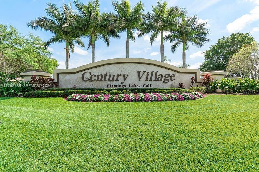 Welcome Home! Bright and spacious 2BD/2BA condo with renovated kitchen featuring wood cabinets, granite countertops, and stainless steel appliances. Tile flooring throughout. Washer and dryer in unit. Generously sized bedrooms with a walk-in closet in the primary suite. Enjoy beautiful pool views from the enclosed patio. Located in Century Village, a 55+ gated community with 24/7 security and resort-style amenities. Maintenance includes cable, internet, water, sewer, trash, exterior, roof, pool, and more. Community highlights: clubhouse, billiards, 27 pools, spa, sauna, pickleball, 17 tennis courts, courtesy bus, fitness paths, & golf course. Parking Space #305