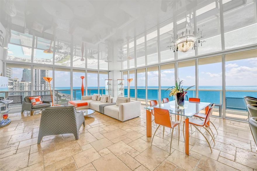 Truly unique NE corner unit with 270° of direct ocean views! Designed for entertaining, this one-of-a-kind residence features a dramatic stretch ceiling, custom finishes, wood doors, marble floors, electric shades, and recessed lighting. The Primary Suite offers his-and-hers dressing rooms and custom walk-in closets. Italian kitchen equipped with premium KitchenAid appliances. Enjoy 5-star resort amenities: a grand 2-story lobby, 24-hour security and valet, five heated pools, and a 50,000 sq. ft. oceanfront spa and fitness center. Resort living at its finest!