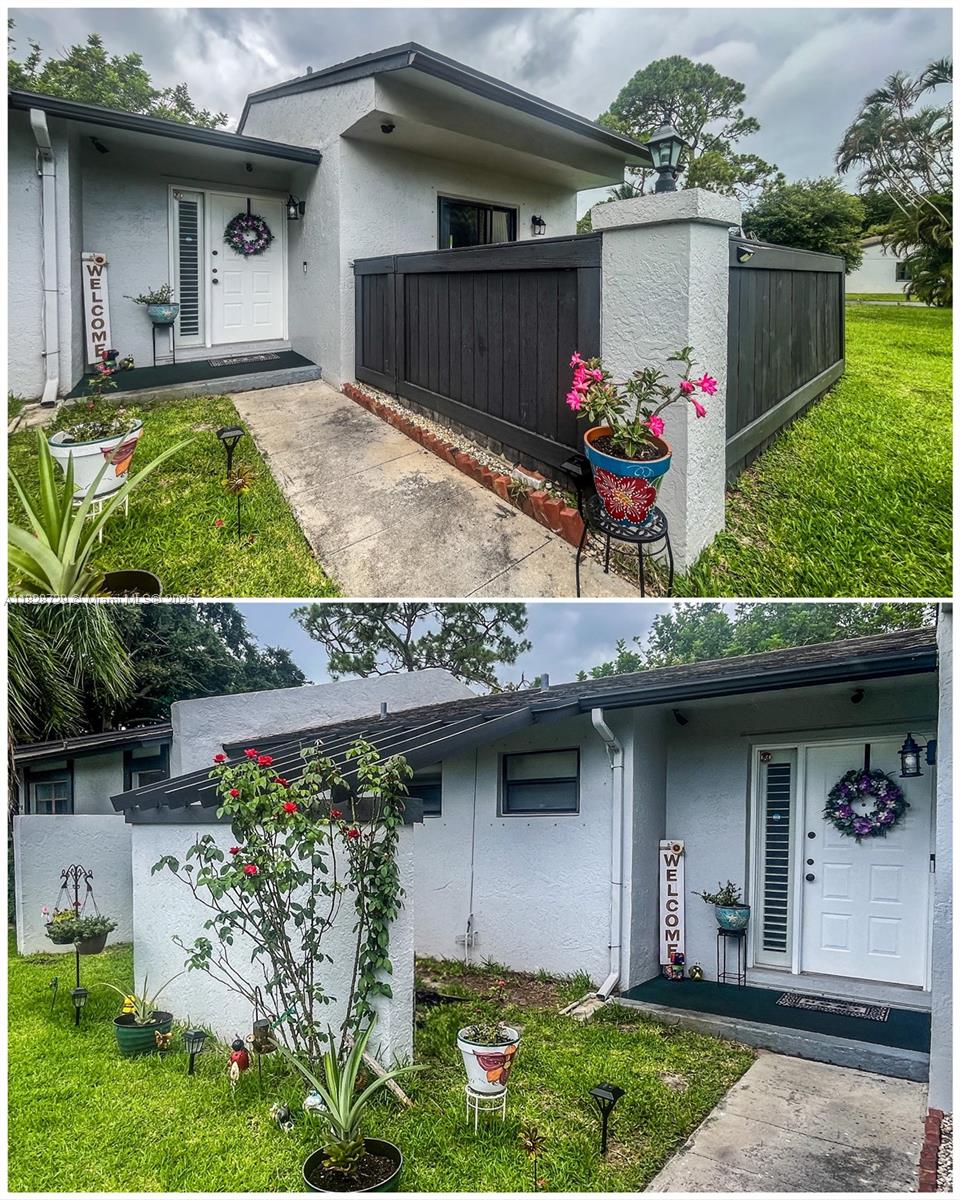 Updated corner-unit villa! Nestled in a peaceful cul-de-sac, this 2BD/2BA open-plan townhome features a renovated kitchen with quartz countertops, new cabinets, stainless-steel appliances, and a pass-through window to the living/dining area. Kitchen sliding doors lead to a fenced concrete patio, ideal for outdoor dining. A separate pergola-covered grass patio welcomes you at the entrance. The primary bedroom offers a full ensuite bath, split vanity, and walk-in closet (some neighbors have reconfigured it into two rooms). The second bedroom and living room open to a screened, covered back patio, with the community pool just steps away. Two parking spaces, an exterior storage closet, interior washer/dryer, and a tree-lined neighborhood rich with shade and fruit trees complete the picture.