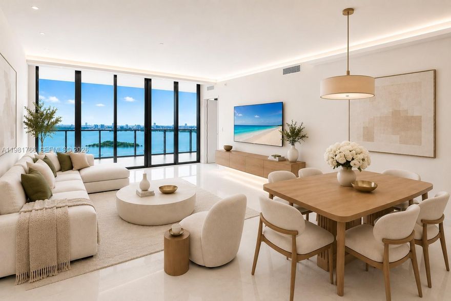 $460K Reduction on a Brand New Condo! Spectacular high-floor Flow-Through Residence with Breathtaking Panoramic views of Biscayne Bay & Miami skyline. This elegant 2-Bedroom + Den, 3 full-Bath home features private elevator entry, soaring ceilings, floor-to-ceiling windows, and an expansive terrace. Significantly Upgraded Beyond Developer Finishes with over $70K in Custom Enhancements, including Architectural Lighting Throughout, a Fully Illuminated Kitchen, Designer Ceiling Features with Integrated Cove Lighting, Enhanced Lighting in Bathrooms and Showers, and Custom Closets with Integrated Lighting. Sleek open kitchen with premium appliances, Electric Blinds Throughout and Blackout Shades in Bedrooms. Located in a premier waterfront building with resort-style amenities in Edgewater.