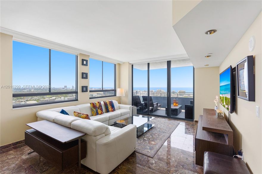Spacious and Private penthouse living on the 36th floor with unobstructed views of the ocean, South Beach, and Biscayne Bay from two large private balconies and wide windows in every room. This beautiful residence features 9 ft ceilings, marble floors, a renovated kitchen, high-end finishes, walk-in closets, and a private storage closet. Enjoy your morning coffee from the primary bedroom balcony while watching the boats on the bay. Located at The Waverly, a full-service bayfront condominium offering a heated pool, BBQ area, tennis court, putting green, fitness center, party room, convenience store, 24-hour concierge, security, and valet. Just a short walk to Lincoln Road, restaurants, shops, supermarkets, and the beach. Residence offers 1,831 sq ft including balconies, three garage parking spaces, cable and internet included, and the building is dog friendly.