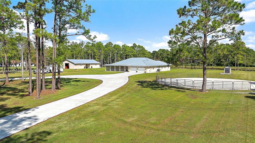 A compelling value on 5 acres, this CBS-built home offers nearly 3,000 sqft under air, a metal roof (2022), and a 2,000+ sqft center-aisle barn (2018). The fully fenced property provides ample opportunity to customize - add an arena, expand outdoor spaces, or incorporate amenities to suit your lifestyle. The home features a split floor plan, a 702 sqft garage, and front & back screened-in porches. 
The 2018-barn has 5 stalls, climate-controlled feed & tack rooms, and multiple turnouts & paddocks.
Caloosa community amenities include miles of riding trails, a 32-acre horse park, pickleball courts, playground, and picnic areas, all with low HOA dues. Conveniently located minutes from shopping, dining, and top-rated schools. Metal Roof (2022), Barn (2018), HVAC (2018), Water Heater (2015).