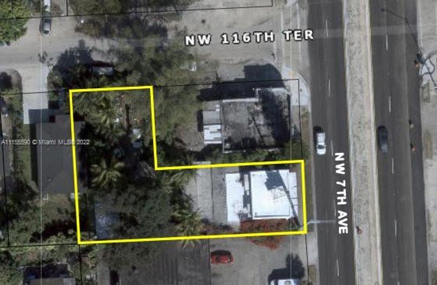 FANTASTIC LOCATION ON STATE ROAD 7 - NEAR I-95, GRATIGNY EXPRESSWAY - EASY TO ZIP NORTH TO BROWARD OR SOUTH TO DOWNTOWN. L SHAPED LOT THAT HAS 50' OF FRONTAGE ON THE EAST SIDE DIRECTLY ON 441 AKA NW 7TH AVENUE - 50' SECONDARY ACCESS ON THE NORTH SIDE AT NW 116 TERR. SOUTH SIDE OF THE PROPERTY IS 135' DEEP AND WEST SIDE IS 155'. PROPERTY CURRENTLY IS TWO STORIES WITH A 2/1 APARTMENT UPSTAIRS. FIRST FLOOR HAS A STOREFRONT, STORAGE, OUTER AND INNER OFFICE PLUS 1/2 BATH. THERE IS A FREE STANDING 1 CAR GARAGE. PROPERTY IS COMPLETLY FENCED AND CURRENTLY USED AS A PLUMBING SHOP - ORIGINAL OWNERS
EXISTING LAND USE AS PER M-D: 110 - SALES AND SERVICES (WHOLESALE FACILITIES, SPOT COMMERCIAL, STRIP COMMERCIAL, NEIGHBORHOOD SHOPPING CENTERS/PLAZAS)