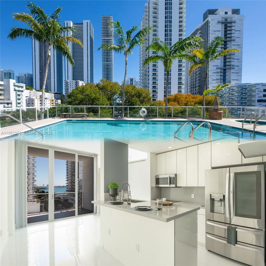 Exclusively renovated 2-bedroom, 2-bath modern loft with 10-foot ceilings and stunning bay views. Open layout with modern finishes, smart kitchen appliances, spa-like bathrooms, and a private balcony overlooking Biscayne Bay. No special assessments and low holding costs. Waterfront building with pool, jacuzzi, sauna, gym, 24/7 security, and covered parking.