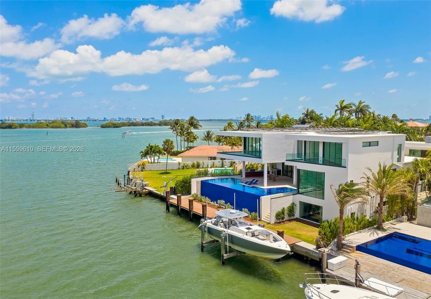 Stunning Bay/Canal Contemporary Residence- 100+ ft on deep water - New Construction (total of 12,924 SF under A/C).  Loaded with ultra luxury finishes and very little use - 35KM solar electric generator w/six Tesla power walls & Travertine exterior walls.  All custom lighting & sound throughout.  Unique glass elevator to all three levels.  Generous sized rooms and large closets.  Art Gallery, Office-Library, amazing 12 car garage, play room & wine cellar.  Breathtaking views of the Open Bay, City lights and tropical gardens from all rooms.  Huge covered Patio + Summer Kitchen w/50ft infinity edge pool.  Full dock & Boat Lift. Double gated 24/7 Island in the heart of Miami.  Minutes to Design District, Beaches, Downtown Miami & Bal Harbour.  Owner Financing Available.
