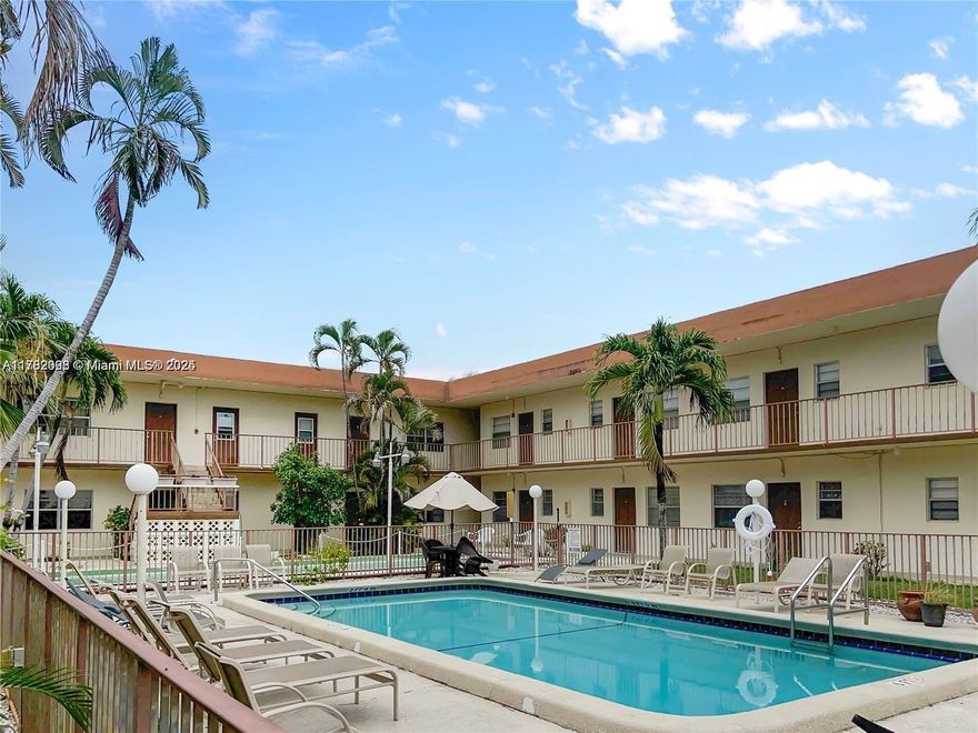 FURNISHED TURN-KEY condo located on the first floor and a CORNER unit. This 2 bed/2 bath condo has impact windows and a back patio area leading from the primary bedroom. Primary bedroom has its own private bathroom and there's plenty of closet/storage place throughout the unit. The bed in the guest bedroom converts/extends to a bigger bed! Parking spot is located right next the condo. Small building, only 2 stories and laundry room is on the second floor. Building has a pool in the middle courtyard area and you have access to it from your ground floor balcony. View attached rules in regards to pet rules. Pool, sitting area, BBQs, shuffleboard, etc!