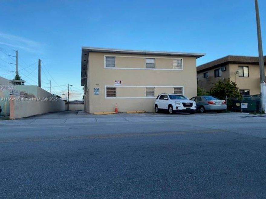 Great Multifamily, 8 unit (4 two bedrooms and 4 one bedroom units) Each unit has its own electric meter and water meter. 10 parking spaces (8 assigned spaces and 2 visitor parking spaces). All units have Central AC (6 are about 2-3 years old) and water heater tanks. Roof is about 5 years old, 40 year inspection was done about 5 years ago.
Building is nearby the airport, Miami Freedom Park, youth sports fields with a mix of entertainment and commercial spaces coming up, Magic City Casino, malls, restaurants, etc. A must see.