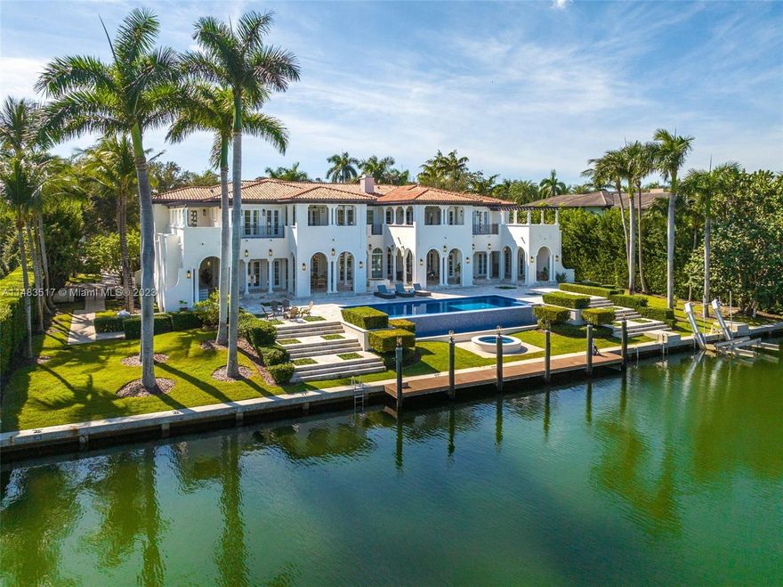 This breathtaking California Modern Spanish WATERFRONT home is in the highly desirable GATED community of GABLES ESTATES. This 10,046 Sf Home has 180 ft of water frontage & a private dock with no bridges to the bay sitting on a 38,289 SF lot. This grand estate offers 8 bedrooms, 8 full baths, 3 half baths, Crestron smart house, surround sound in every room, private balconies with lush views, and various outdoor amenities, including a cabana spa, infinity pool, and more. The primary suite boasts top-of-the-line features and two walk-in closets. With 3 jr suites, 2 staff rooms, the primary suite on the second floor, elevator ready, and a guest suite on the first floor. Ideally located near the best private schools in Miami, this property is perfect for any family to call home.