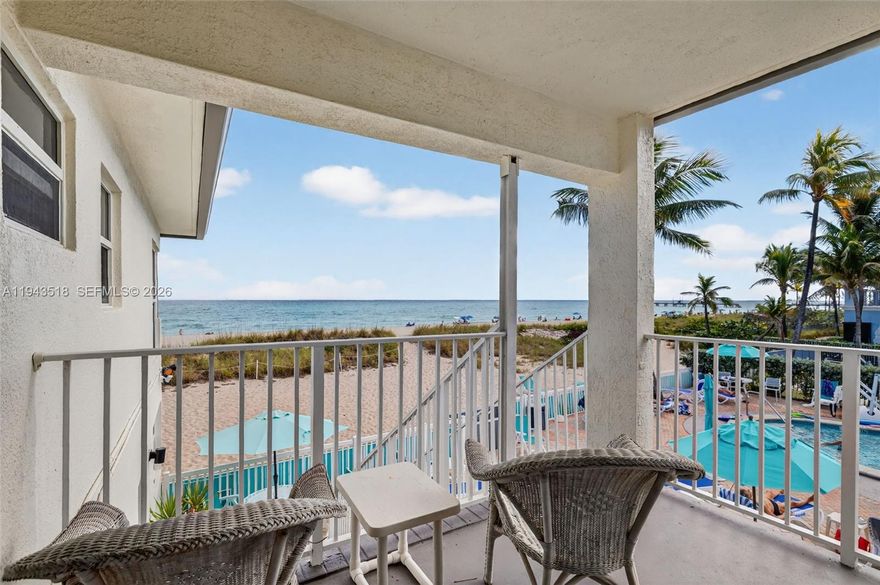 One of A Kind Rare oceanfront Condo w/ direct ocean view from your corner and railing in the Boutique Southern Seas 2 story building In Lauderdale-by-the-Sea. Just park and walk up to your 2nd floor unit. Spacious bedroom, open floor plan with/ large kitchen, dining and breakfast area, neutral tile throughout, impact sliding doors open directly to your private patio overlooking the ocean and pool. One of the rare condos that allow daily, weekly, monthly rentals 365 days/ yr, perfect for your AIRBNB business, do it yourself or hire management company, or have a 2nd home that makes you money.  AC 2019 Fully Furnished, Turnkey. 3 min walk to the Pier, shopping, restaurants and entertainment. Easy to show. Can be bought with unit 12 ($525k) from same owner for $1,099,000 combined. Building has passed the certifications. Bring your cash or financed offers.