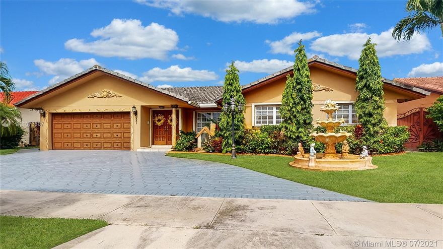 Location! Location! Location! Very desirable neighborhood with no HOA! Lovely one-story home on an oversized 12,105 s/f lot with a circular driveway and 2-car garage. Tile floors throughout, remodeled marble bathrooms, and a beautiful kitchen with granite countertops and stainless steel appliances. Formal living and dining room as well. Step outside via one of the French doors to the covered terrace overlooking the pool area alongside a gazebo perfect for those hot summer days. Bask in the spacious yard with an orchid garden along with an assortment of fruit trees, including mango, avocado, banana, mamey, and guava, to name a few. Close to many shopping centers, restaurants, and great schools! A must-see to appreciate. Call for a showing today.