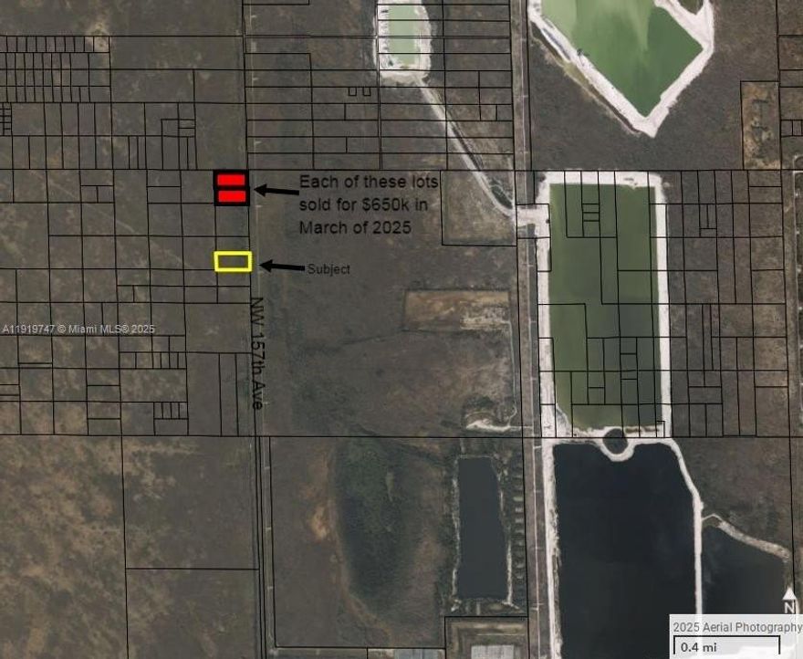 Great land banking opportunity.  5-acre parcel close to Doral, between the Turnpike and Krome Ave. Parcel is LITERALLY ADJACENT to a large parcel owned by Florida Rock Industries Inc.  Florida Rock Industries was purchased by VULCAN MATERIAL CO., which is a New York Stock Exchange company (NYSE: VMC).    Two parcels (Folio #'s: 30-3917-000-0020 & 30-3917-000-0025) very close by, just to the north, and exactly the same size as the subject, sold on 3/17/2025 for $650,000 each.   Approximate location is NW 157th Ave & 68th Street.  Looking at Miami's real estate history it is easy to see that this parcel will be worth many MILLIONS OF DOLLARS in the not so distant future.   Don't let this opportunity pass you by.