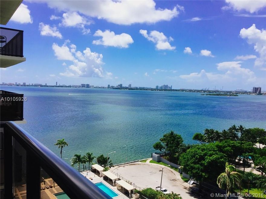 Beautiful SE views of Biscayne Bay. Spacious 2 bedroom, 2 bath with 1218 SqFt is the Lowest price in building.  New open Kitchen with SS appliances.  Bathrooms need updating.  Lots of closets, Washer/Dryer inside condo.  New Glass balconies.  Building recently renovated. tennis, racquetball court, basketball court, pool, gym, clubhouse, Bbq area, 24 hours security.  Just across the cswy to Miami Beach & walking distance to midtown.   No pet restrictions for owners & Rentals allowed!  Covered parking!