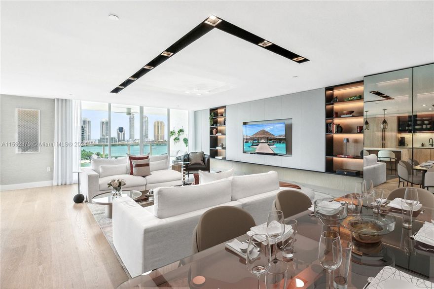 Luxury finest in this newly renovated 4-bedroom, 4-bathroom+Den flow-through residence at Peninsula One. Accessible via a private elevator to the 12th floor, indulge in unobstructed Intracoastal and Direct Ocean Views from the expansive balcony. The residence Features Custom millwork throughout with 8' imported French white oak flooring throughout with marble accents in bathrooms and laundry, MiaCucina kitchen is equipped with top-of-the-line Wolf/subzero appliances. The master bedroom includes a private balcony, his/her Artec bathrooms, and custom-built Florense closets. Mesmerizing vistas are a constant in this meticulously designed home by Miami's top designer, 2iD. Enjoy 5-star Valet and, amenities such as 2 pools, 2 gyms, hot tub, sauna, spa, BBQ, tennis courts, and a playground.