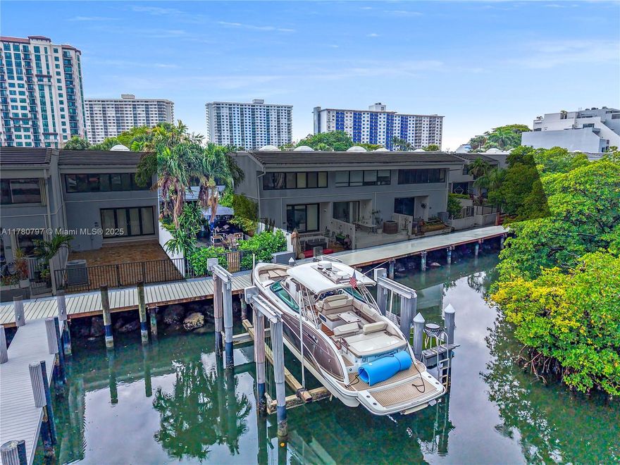 Exclusive Waterfront Townhome in Poinciana Island. Stunning 4 + DEN, 3-bath residence in gated Poinciana Island—the only unit with deeded dock & 30,000 lb lift available. High ceilings, beautiful Italian porcelain floors throughout, new chef’s kitchen with porcelain countertop, and new SS appliances. Master suite with water views & custom-made closets floor to ceiling, and high-impact windows. Private yard perfect for BBQ, outdoor shower & wide canal views of luxury estates. Amenities: Tennis, gym, clubhouse, two heated pools. Rare opportunity!