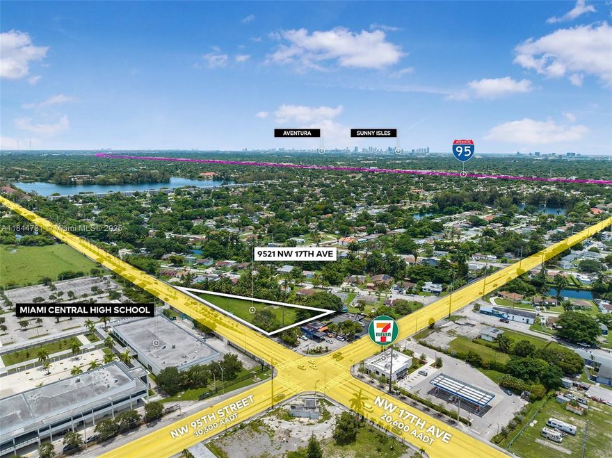 Site plan approved ±0.86-acre corner lot in unincorporated Miami-Dade County, zoned B-1. Approved for a ±2,040 SF QSR with drive-thru, parking, and dual access on NW 17th Ave and NW 95th St. Located directly across from Miami Central High School (1,400+ students) with consistent foot traffic and visibility. Positioned on a highly trafficked corridor with ±20,600 AADT. Surrounded by national retailers including Walgreens, McDonald’s, 7-Eleven, Dollar General, and Metro Ford. Minutes from I-95, Miami Dade College – North Campus, William H. Turner Tech, and the $100M+ Jewish Leadership Academy. Ideal for QSR, retail, or medical development.