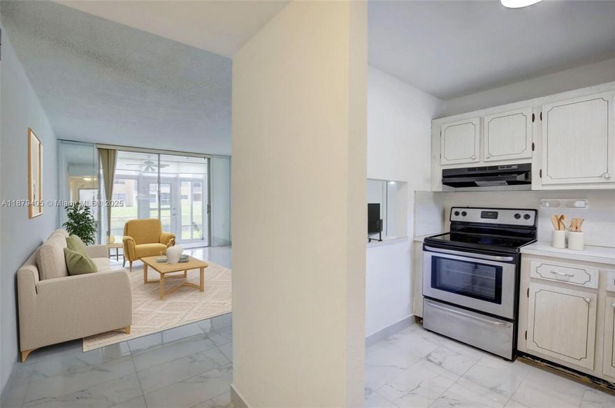 Charming 1BR/1BA first-floor condo in sought-after Sunrise Lakes. Enjoy tranquil water views from the enclosed Florida room, perfect for relaxing or entertaining. Interior features include beautiful white ceramic tile throughout, a wheelchair-accessible shower, and new A/C and water heater (2023). Appliances are in excellent condition. This active 55+ community offers golf, tennis, pickleball, bingo, movies, special events, and more. One assigned parking space included. Association approval requires 670+ credit, no bankruptcies or criminal background, 20% down (10% if cash), and 6 months of maintenance held in escrow for 1 year.