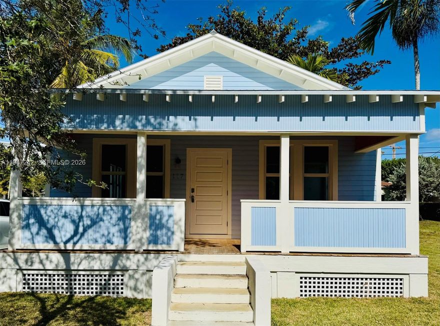 In Coral Gables historic MacFarlane Homestead this historic Bahamian Key West style home was required by the Coral Gables Historic Preservation Board to be precisely and faithfully duplicated in new construction, top to bottom in 2025. The exterior was required to match the original structure, but the interior is 2025 modern with open floor plan and brand-new kitchen and baths. There are two bedrooms and two baths, an open living room, large eat-in kitchen, separate laundry room and a roomy open front porch. Mac Farlane Homestead is a charming historic Coral Gables neighborhood within walking distance to the Metrorail station, Coral Gables business district, Merrick Park, Trader Joes and to the most popular Coconut Grove restaurant and shopping venues. This home offers the advantages of new construction with all the charm and character of an historic home with a Coral Gables address right next door to Coconut Grove. INTERIOR PHOTOS TO COME