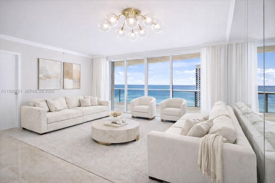 Direct Oceanfront Sophistication in the heart of Sunny Isles! Residence #1903 showcases panoramic sunrise ocean views and dramatic Intracoastal sunsets from an expansive wraparound balcony accessible from every room. Floor-to-ceiling impact glass, elegant marble floors, and a bright open kitchen with granite countertops & stainless steel appliances create a refined coastal ambiance. Spacious primary suite with spa-inspired bath, double vanities & Jacuzzi tub. Full-service beachfront lifestyle with beach service, rooftop & pool Jacuzzi, fitness center, tennis, spa & gourmet market. Prime location near Bal Harbour & Aventura Mall. Assigned parking & storage included.