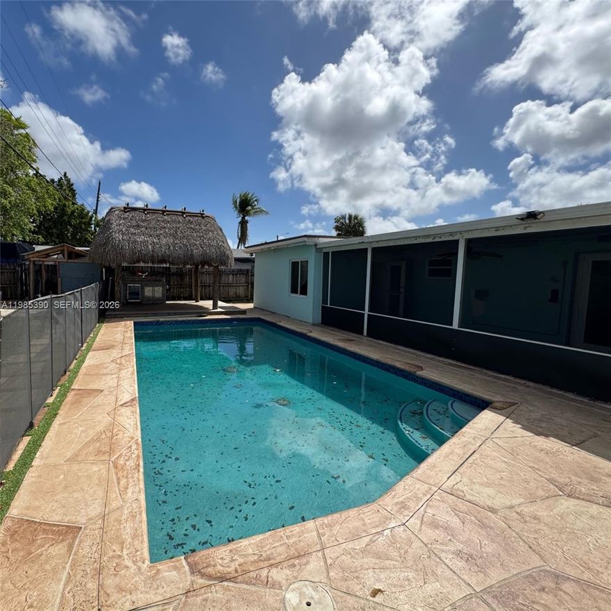 A spacious and beautifully maintained 3-bedroom, 2-bathroom home featuring a backyard oasis with a pool, tiki hut perfect for entertaining or relaxing. The primary suite offers an en-suite bathroom complete with shower, jacuzzi tub, and double sink vanity, along with serene views of the pool and backyard. Each bedroom includes ample, well organized closet space, ideal for those who value storage and organization.

property is easy to show, please use showing assist.