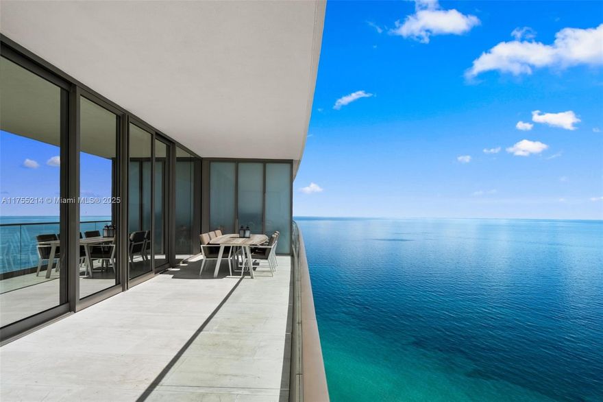 First time on the Market! This flow-through residence showcases breathtaking, unobstructed views of the Atlantic Ocean and Intracoastal Waterway, framed by 10-foot floor-to-ceiling windows with electric shades for effortless ambiance. Designed for both spaciousness and style, the residence features three bedrooms, a den, and five and a half baths. The expansive oceanfront terrace, complete with a built-in grill, invites seamless indoor-outdoor living, while the sunset terrace offers panoramic bay and city views. The primary suite is a true retreat, boasting direct ocean views and a custom walk-in closet.  Elevating the space, Beby Italy and Brand Van Egmond chandeliers and lighting fixtures add a statement of modern sophistication. Storage room inlcuded