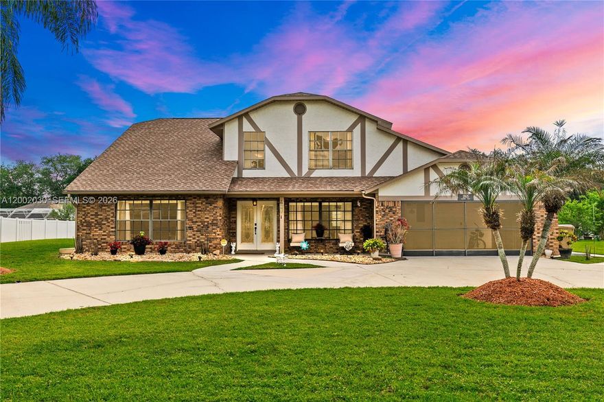 Spacious and beautifully renovated custom-built 4-bedroom, 3-bath pool home on a .55-acre lot in the highly desirable Regal Oaks community. No HOA and No CDD. Located in a quiet neighborhood surrounded by mature oak trees with a stunning water view.

This meticulously maintained home features a unique first-floor master suite with an updated master bath. The second level offers three generous bedrooms, a loft, and a fully remodeled bathroom. Throughout the home you’ll find new laminate flooring (2023) and 6-panel interior doors, adding a clean and modern feel.

The kitchen was completely renovated in December 2023 with LG Smart appliances, a wine cooler, quartz countertops, and matching backsplash. Additional upgrades include a tankless water heater (2022), two new HVAC units (Dec 2023), roof and gutters (2018), Hardie board siding on the second floor (2022), and a pool pump replaced in 2019. The interior and exterior have been freshly painted, with new recessed lighting, updated electrical switches and outlets, and ducts professionally cleaned in 2023.

The home also features a keyless entry lock, a spacious storage shed, and a garage with epoxy flooring and abundant cabinetry. The attic includes a pull-down ladder for easy access. Washer and dryer were replaced in 2022. Enjoy your own private basketball court and the convenience of being close to shopping, restaurants, and theme parks. Truly move-in ready and easy to show.