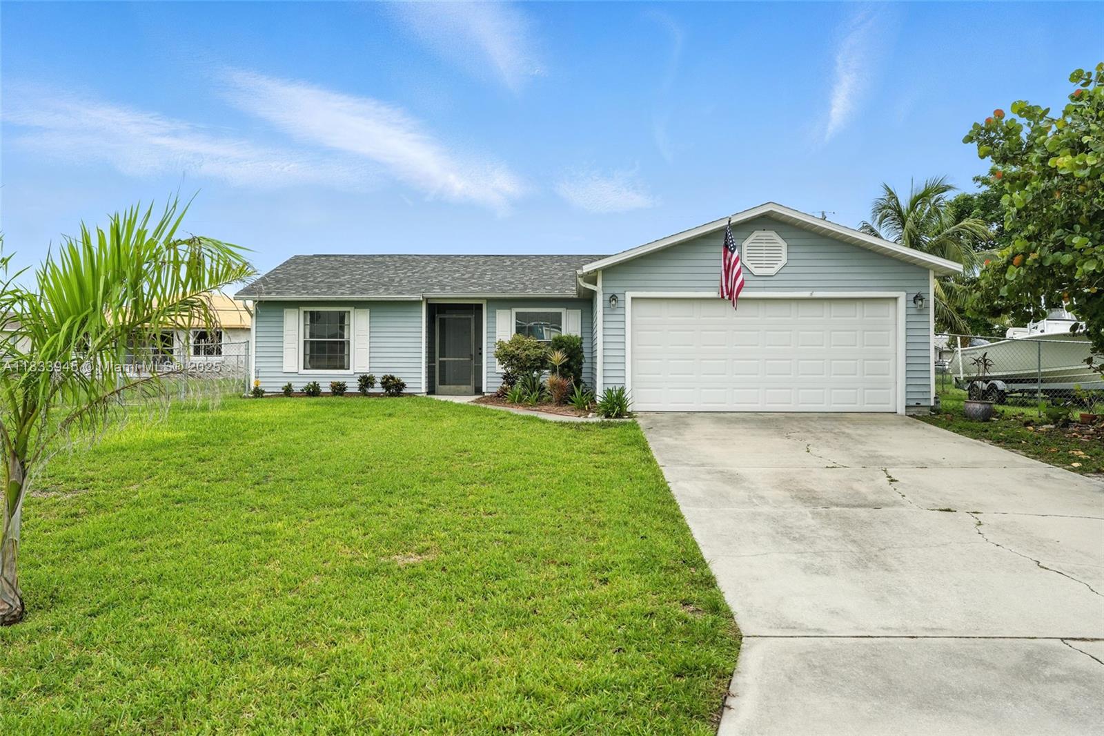 This well-maintained 3-bedroom, 2-bath pool home offers comfort, functionality, and thoughtful design in a prime Cape Coral location. The split floor plan includes a spacious primary suite with a walk-in closet and en-suite bath, plus a guest bedroom with a custom Murphy bed—ideal for a home office or flex space. Enjoy seamless indoor-outdoor living with an open layout that leads to a large screened lanai featuring over 280 sq ft of covered space. The fully fenced backyard (new 5' fence in 2022) includes a wide double gate for boat or RV storage. A newer roof, no hurricane damage, and a location outside the flood zone add peace of mind. With a two-car garage, attached shed, and efficient layout, this move-in-ready home is perfect as a full-time residence, seasonal retreat, or investment.