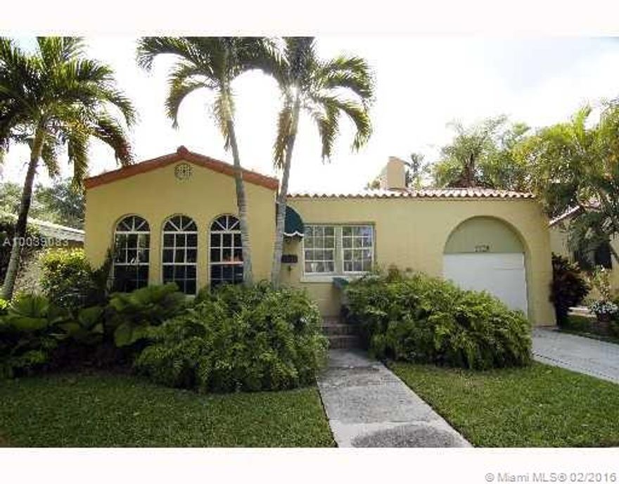 Charming 1927 Phineas Paist  (noted Gables architect) Old Spanish-Mission residence on south-after San Vicente Street. Beautiful hard wood and clay tile floors, volume ceilings and wood-burning fireplace within spacious living areas.  Dining room French doors lead to lovely brick patio. Well maintained, recently painted in and out, pleasant lot with fruit trees. Wonderful!!.