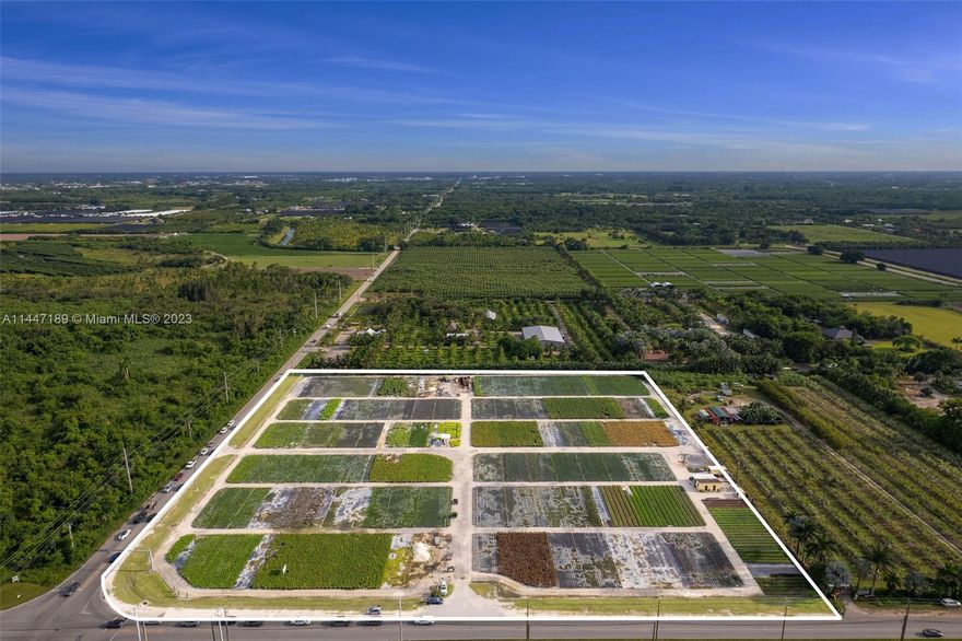 Opportunity to own this ± 9.86 ACRE Corner Lot on SW 200th ST.  Parcel is complete with some built-in infrastructure (electricity, irrigation, etc.) and is currently generating rental income as a fully functioning container nursery.  Fully leased to a long term tenant.  Zoned AU Agricultural, property enjoys all of the benefits of a central location close to major thoroughfares surrounded by the like-kind agricultural parcels.