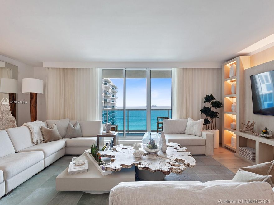 This deluxe oceanfront residence at the One Hotel & Homes South Beach, a prestigious address known for its synthesis of sustainability and luxury, provides a turnkey experience for those looking for a Miami pied-a-terre, as well as a healthy rental revenue stream when not at home. Completely furnished and equipped by interior designers Meyer Davis Studio, the unit is provided with housekeeping and concierge services by the hotel, which can include everything from pre-arrival pantry stocking to luxurious bathroom toiletries. Along with access to hotel amenities, enjoy resident-only services such as a house car, and residential entrance. The 2233 sq. ft. unit comes with three bedrooms and three full baths, in-unit washer and dryer, and spectacular balcony with pool and ocean views.