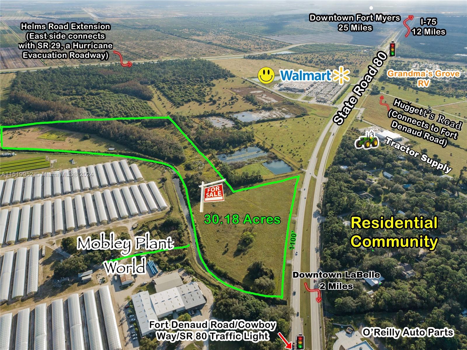 EXPLOSIVE GROWTH LABELLE W SR 80 CORRIDOR FRONTAGE LOCATED IN BETWEEN WALMART AND NEW O’REILLY AUTO PARTS STORE. Close proximity to new Helms Road Extension, Tractor Supply, and stop light at SR 80 W and Cowboy Way/Fort Denaud Rd. 30+/- acres with approximately 1200+/- feet of frontage. Seller may split this property into retail/professional space/medical sites on W SR 80. Property currently zoned Agricultural for low taxes with that use continuing even after annexation until development takes place (if pasture use continues). This property is in the process of annexing into the City of LaBelle for access to utilities. City of LaBelle has no impact fees but does have fees for utility hook-ups. This property is only 18 miles from I-75; 2+/- hours from Miami; 3+/- hours from Orlando.