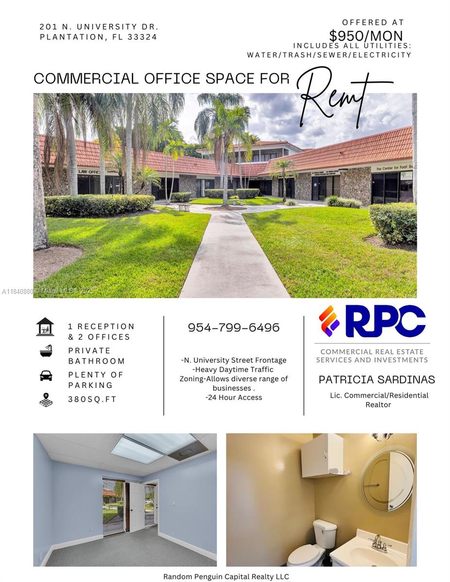Professional office space available for lease in the highly sought-after University Park Condominium in Plantation, FL. This ±380 square foot suite is ideal for professional service-based tenants including real estate offices, legal practices, accountants, consultants, therapists, and other low-traffic businesses.
The space is located in a quiet, well-maintained office condominium complex and is zoned SPI-3 (Professional Service Building)—designed specifically for professional and medical office users.
Highlights:
Approx. 380 SF office suite
Utilities included in monthly rent
Zoned SPI-3 – Professional uses only
Located in University Park Condominium – Plantation, FL
Convenient access to major roads and amenities
Ample shared parking