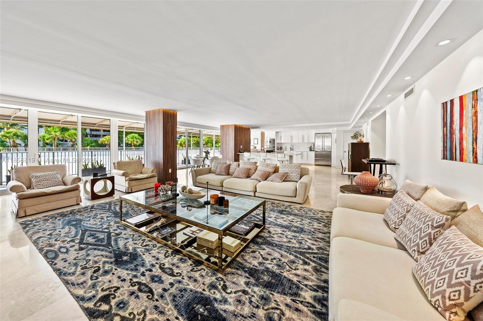 Rarely on the market! Located at the prestigious Mar Azul Condominium, an oceanfront boutique residence with only 126 units & direct beach access. This spacious 3-bedroom, 3-bath home spans 2,523 sq.ft. The elegant open layout blends a fully renovated kitchen with expansive living and dining spaces, perfect for entertaining. Each bedroom is a generous suite with modern baths, complemented by abundant storage. A wraparound balcony embraces the reception and primary suite, unveiling uninterrupted ocean vistas. Semi private elevator lobby shared with just one neighbor.
The generous scale and unique layout of this residence are rarely found in Key Biscayne, making it an extraordinary opportunity.