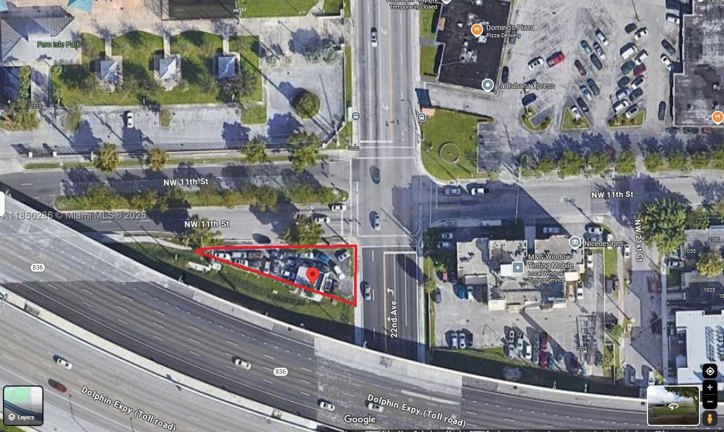 Strategic 4,834SF triangular corner parcel, 190ft of frontage along a high-traffic thoroughfare adjacent to the Dolphin Exprwy, offering exceptional visibility and easy highway access. Currently classified use code?1066 (Vacant Land Commercial), zoned 6101 Commercial Land, broadly permits commercial activities including signage, outdoor display, kiosks, retail support services, and advertising installations (e.g. billboard structures). Parcel overlays City’s T5-O Urban Mixed-Use zone, which allows ground-floor commercial, office, lodging, residential uses, and civic functions by right, and permits development up to 5 stories. Ideal for static or digital billboards and future development. Shape and corner configuration make it a high-impact branding site with long-range signage exposure.
