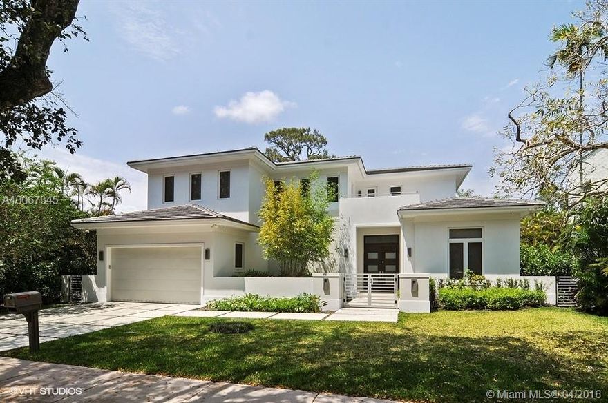 Built 2015- Dramatic 2 story classic contemporary in Prestigious Golden Triangle- Home exudes flair and style- High end finishes- 5BR suites, each w/own BA- High ceilings- All impact-Open plan- Lots of light- Magnificent kitchen,quartz counter,wolf & Miele appliances-Opens to large family room-2BR/2 1/2 BA,1st floor-Upstairs:Master+2 BR- Grand master suite,luxurious bath overlooks huge balcony- Elevator-Beautiful pool/patio area w/lots of privacy + summer kitchen-large covered patio ideal for entertaining