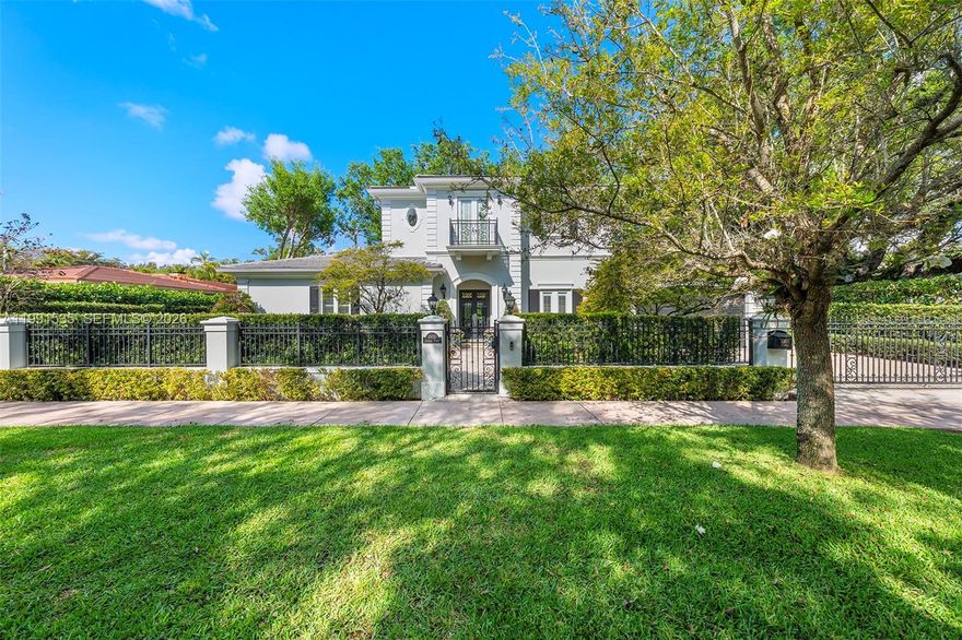 A refined and elegant designer-owned residence located in South Coral Gables. This beautifully appointed home offers 3953 sq ft of impeccably curated interiors under air on a 10,000 sq ft lushly landscaped lot. Features include, formal living room with fireplace, formal dining room, 3 bedrooms, 4 full bathrooms and 1 half bath, plus a private office, and dedicated gym. Spacious primary suite on the first floor with dual bathrooms. Open concept kitchen with breakfast nook flowing seamlessly into a comfortable gathering room, ideal for everyday living and entertaining, that opens to a pergola-covered patio perfect for a al fresco dining. The second story opens to a comfortable living area with lots of natural light, a perfect space for relaxation leading to the 2 bedrooms with ensuite baths.