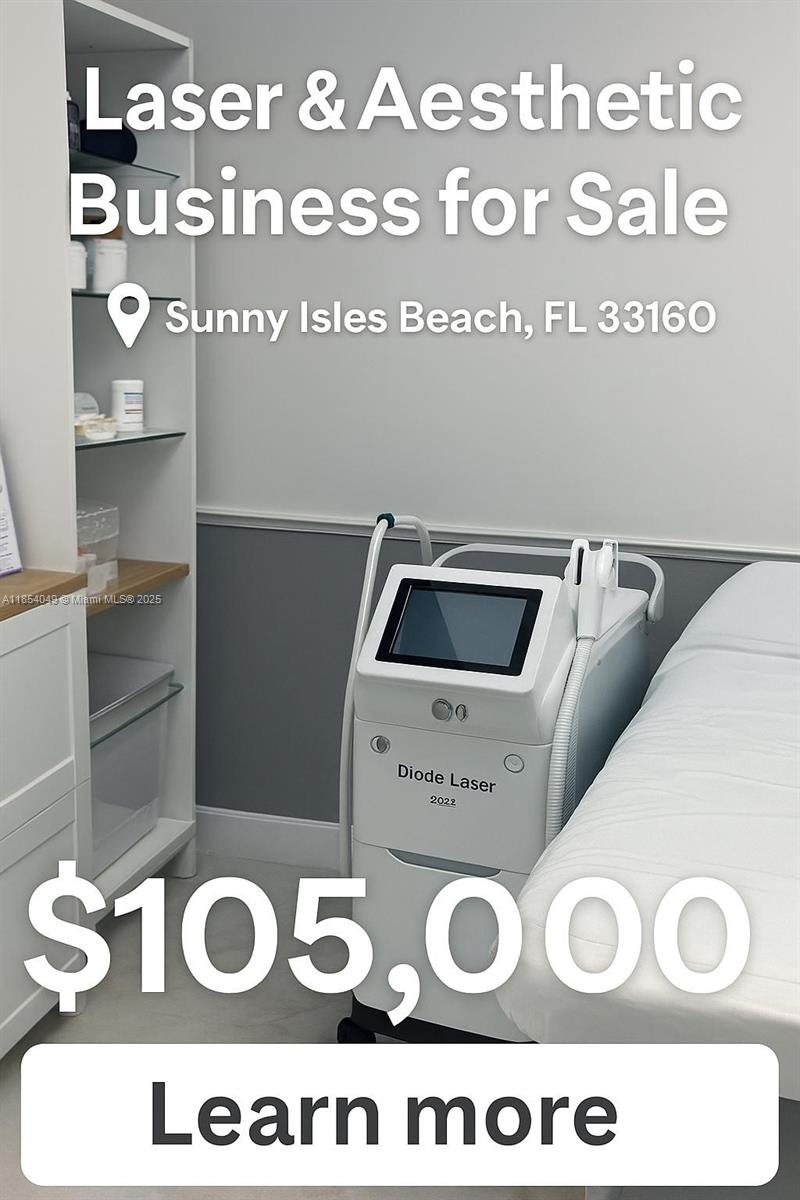 Turnkey Laser & Aesthetic Business in Sunny Isles. Fully equipped with Diode Laser (2022), IPL machine, specialized handpiece, active client list, Instagram page, and verified Google Maps profile. Includes furnished treatment room—option to stay or relocate. Business is ready to operate with assistance available for doctor supervision/license setup (as required in FL). Great opportunity for a beauty pro or entrepreneur to step into an established setup with immediate income potential. Equipment made in Germany.