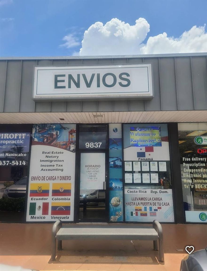 PRICE REDUCED, Retail store in Palm Square, oriented in cargo & shipping transportation to central and South America, shopping center located directly on Pines Boulevard, prime retail area of Pembroke Pines in the heart of Broward County. Palm Square features free-standing national tenants Dunkin’ Donuts and KFC, as well as prominent inline tenants such as Colombian restaurants, los Verdes & Frijolitos also, several other established local, regional. The center features ample parking and good visibility to Pines Boulevard via 600 linear feet of frontage where the traffic count exceeds 52,000 vehicles per day along the main retail corridor. This infill Broward County location is home to a population of more than 160,000 people within a 3-mile radius with an average household income $65,000.