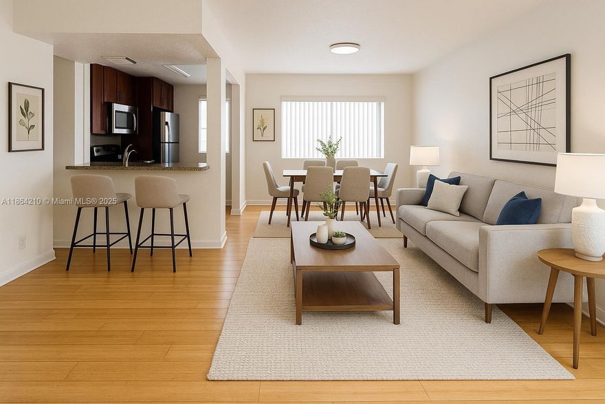 This bright and spacious 2-bedroom, 1-bath corner unit is in a prime location, just 2 blocks from the beach and an A-rated charter school. The apartment features central A/C, in-unit WASHER & DRIER, and a kitchen with all stainless steel appliances, including a dishwasher. Both the A/C and water heater were installed last year. With abundant natural light, plenty of closets, and a master bedroom with a double closet, the unit is fresh, comfortable, and functional. The community is well-maintained, recently painted, and surrounded by lush landscaping.