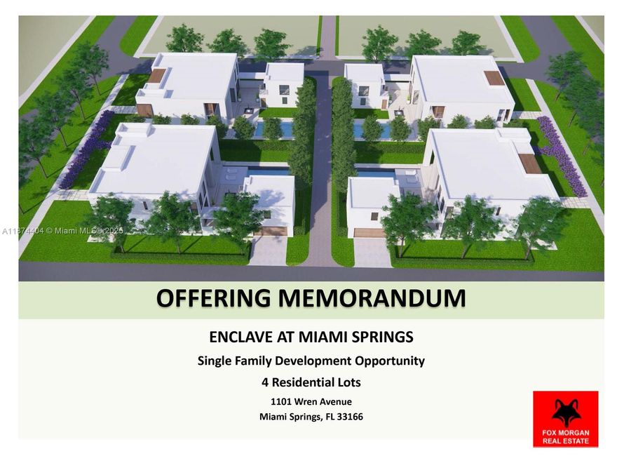 THE ENCLAVE at MIAMI SPRINGS. Incredibly rare oppertunity to purchase 4 contiguous single family home lots in Miami Springs.  Property is situated in the desirable Bird Section with frontage on both Wren and Oriole Avenues. Average lot size nearly 10,000 SqFt.  RePlat, land use, zoning and addressing completed. First time since the 1950s/1960s an entire residential city block is available for purchase.
